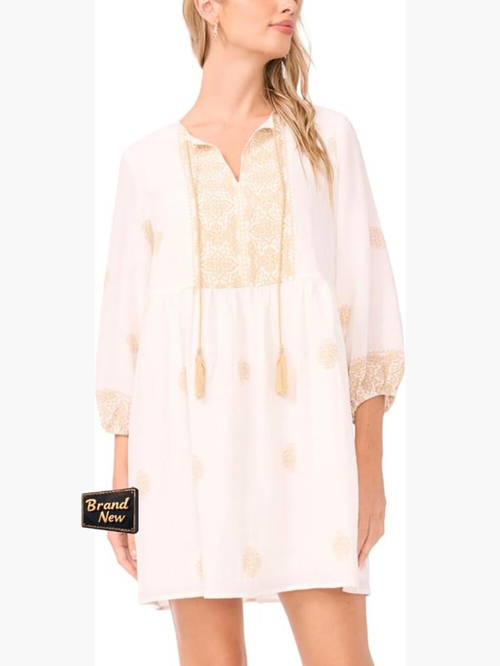 3/4 Sleeve Embroidered Neck Tie Mini Dress, A-Line, Square Neck